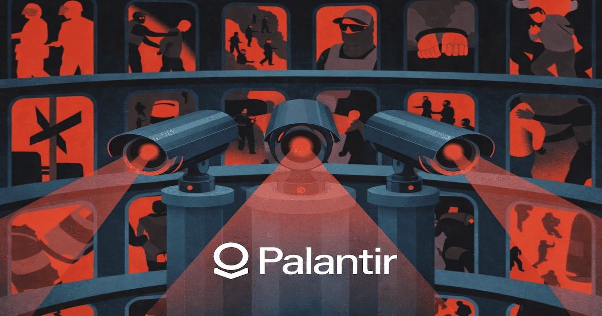 Palantir Schriftzug und Logo mit Überwachungskameras im Hintergrund