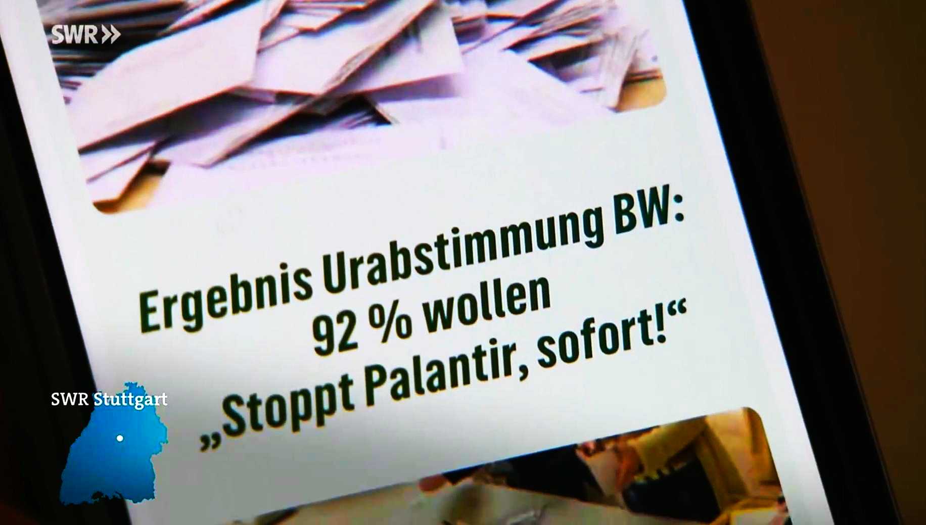 SWR Ergebnis Urabstimmung BW 92 % wollen "stoppt Palantir, sofort!"
