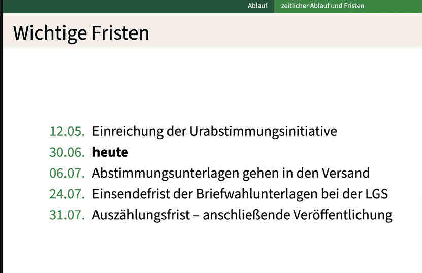 zeitlicher Ablauf und Fristen 06.07. Abstimmungsunterlagen gehen in den Versand 24.07. Einsendefrist der Briefwahlunterlagen bei der Landesgeschäftsstelle 31.07. Auszählungsfrist - anschließende Veröffentlichung