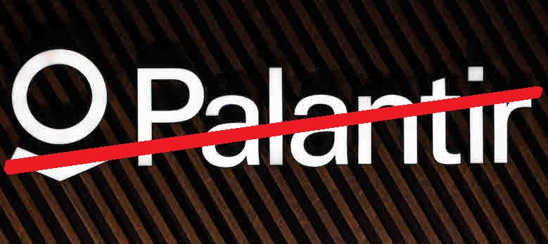 Palantir Schriftzug und Logo weiß auf dunklem Hintergrund mir rotem Balken durchgestrichen